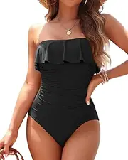 [Holipick] Strapless One Piece Swimsuits for Women Tummy Control Bandeau Bathing Suits Ruffle Slimming Swimwear
