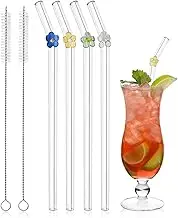4Pcs Glass Straws with Charms, Reusable Clear Drinking Straws with Flower, Cute Colorful Glass Straw Shatter Resistant for Smoothies, Milkshakes, Juice with 2 Cleaning Brushes, Dishwasher Safe