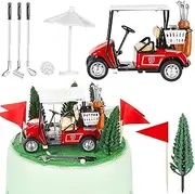 Leitee 21 Pcs Golf Cake Topper Golf Cake Decoration Golf Cupcake Topper Include Mini Golf Cart Toy Red Flag Golf Ball Green Tree Golf Club Sun Umbrella for Golf Themed Birthday (Red,Classic)