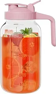 Glass Mason Jar Pitcher, 64 oz Wide Mouth Jug with Pour Spout Handle Lid for Cold Brew Coffee, Ice Beverage, Iced Juice, Lemonade, Sun Tea, Fruit Drinks Container（Pink）