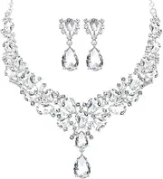 [Hicarer] Bridal Teardrop Cluster Crystal Jewelry Set for Women Necklace Earrings Wedding