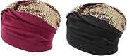 [JIAHG] 2Pcs Women Sequined Patchwork Hat Cross Twist Pleated Headscarf Muslim Cap National Hijib Wrap Turban Cap for Ladies, Black/Claret