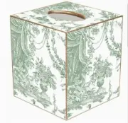 Marye-Kelley, French Toile Sage Green Cubed Facial Tissue Box Cover, Gold Trim