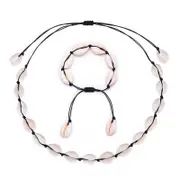 2 Set Bohemian Style Natural Shell Hand Knitting Necklace/Bracelet Black - shell (set)