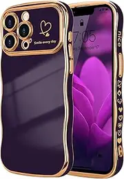 ELEPIK for iPhone 12 Pro Max Case for Women Girls, Cute Wave Frame Curly Shape with Love Heart, Raised Camera Protection, Luxury Plating Shockproof for iPhone 12 Pro Max Phone Case, Dark Purple