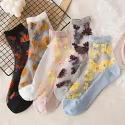 Set Of 3 Pairs: Floral Print Mesh Socks Set of 3 Pairs - Pink & Light Gray & Light Blue - One Size