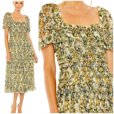 Mac Duggal NWT Multicolor Short Sleeve Micro Ruffle Tea Length Dress Size 6