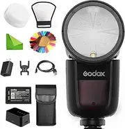 GODOX V1-N Flash for Nikon Flash Speedlite Speedlight, 76Ws 2.4G TTL Round Head, 1/8000 HSS, 480 Full Power Shots, 1.5s Recycle Time, 2600mAh Lithium Battery w/Diffuser Reflector Color Filters