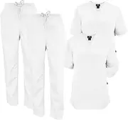 [Natural Uniforms] Women's Scrub Set - Medical Scrub Top and Pant, 2-Pack White, Large