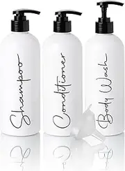 Alora 32oz Reusable Shampoo and Conditioner Bottles - Set of 3 - Easy to Read Labels - Pump Bottle Dispenser for Shampoo, Conditioner, Body Wash - Empty Plastic Refillable Containers for Shower