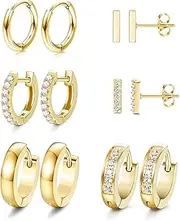 [Sanfenly] 6 Pairs Hoop Huggie Earrings for Women Minimalist Cuff Mini Bar Stud Earrings Gold Silver Cubic Zirconia Small Ear Piercing Set