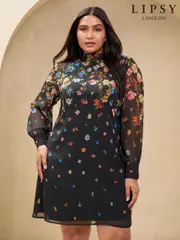Lipsy Black Curve Long Sleeved Printed Shift Dress (AK1660) | $113