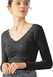 [Generisch] Underwear Top, Thermal Underwear for Women, Soft Warm Top, Long Sleeve Underwear with V-Neck, Built-in Bra, Soft, Thick Top for Cold Weather