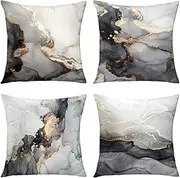 GALMAXS7 Marble Texture Black and Gold Silver Decorative Throw Pillow Covers Luxury Abstract Fluid Art Ink Soft Velvet Pillow Case Square Cushion Covers for Couch Living Room 18 x 18 Inch Set of 4
