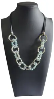 Blue Peacock Beads and Rings on Leather Cord- 22-26 inches