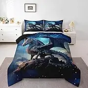 Erosebridal 3D Print Dragon Comforter Set Full Size Magical Pterosaur Bedding Set, Magic Dinosaur Down Comforter Sparkling Stars Quilted Duvet, Psychedelic Galaxy Bed Set Soft 3pcs with 2 Pillow Case
