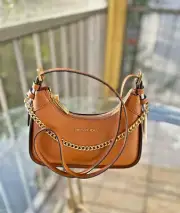 Michael Kors Wilma Small Women Leather Gold Chain Crossbody Purse Bag (Luggage)