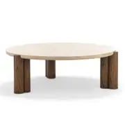 Amaya 110cm Round Travertine Coffee Table in Cream and Brown Oak