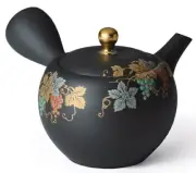 Tokoname-yaki teapotAkira-Oro black mudround shape with gold handle From Japan