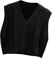 [Lailezou] Women's V-Neck Knit Sweater Vest Solid Color Argyle Plaid Preppy Style Sleeveless Crop Knit Vest