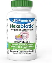 DrFormulas Nexabiotic Organic Prebiotics Fiber Supplement with Superfood Greens for Probiotic Growth and Digestive Health, Prebiotic for Women, Men, Kids, 60 Tablets, not Powder