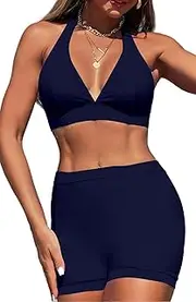 [SEAUR] Women's Bikini Set V Neck Halterneck Bikini Top with Swimming Shorts Two Piece Swimsuit Plain Sexy Swimwear Summer Beach Pool Swimsuit S-XL, darkblue, M