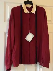 CHRISTIAN DIOR Red White blouse Vintage 10 US Rayon Silk 100%