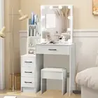 White Dressing Table Vanity Desk With LED Light Bulbs, Vanity Mirror, Drawers