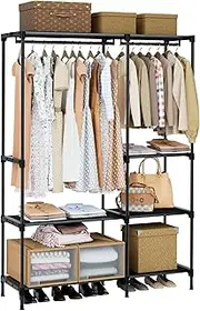 [CASAMAYA] Clothes Rack, Portable Closet, 44.9 Inch Large Capacity Wardrobe Closet, Clothes Storage Organizer with Shelves and 2 Hanging Rods, Easy to Assembly, Black PCT021B01