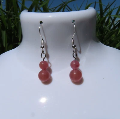 STRAWBERRY QUARTZ Dangle Earrings Pink Stone Silver Tone Bead Boho Artisan 1.5"