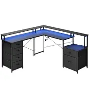 Advwin L Shaped Gaming Desk with LED Lights & Power Outlets Convertible 275cm Long 2 Person Computer Desk Black