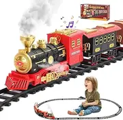 Train Set, Train Toys with Steam Locomotive Cargo Cars Tracks, Metal Toy Train with Smoke, Whistle and Light, Toddler Model Train Set Great for 3 4 5 6 7 8+ Years Old Gifts Kids