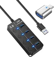 KLAQQED USB Hub 3.0, USB Splitter1 in 4 Out, USB Extender USB Adapter Multiple Port USB Station Dock Hub with Individual Switches, USB Expander Hub for Laptop/MacBook/Flash Drives/Mobile HDD/Printer