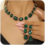 [Octwine] Green Rhinestones Necklace Teardrop Dangle Earrings Set for Women Bridal Wedding Prom Green Rhinestones Necklace Rhinestone Crystal Christmas Statement Necklace Earrings Set for Women, Large,