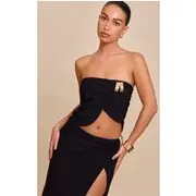 Black Double Layer Slinky Bandeau Split Hem Trim Top, Black
