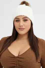 White Faux Fur Pom Pom Beanie