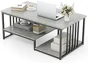 [Costway] Faux Marble Coffee Table with Wide Top & Open Shelf, Modern Rectangular 2-Tier Cocktail Table with Metal Frame for Living Room, Home, Office, Gray