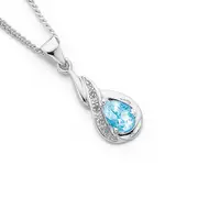 9ct White Gold Aquamarine & Diamond Swirl Crossover Pendant in Blue