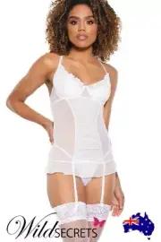 NEW Coquette Unruffled White Mesh Chemise with Detachable Garters, Wild Secrets