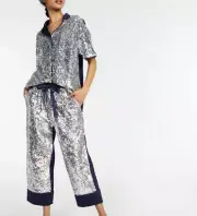 NEW PETER ALEXANDER NAVY SILVER SPARKLE SEQUIN PJ TOP + 7/8 PANTS SET S $199.90
