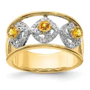 14K Yellow Gold Polished Real Diamond and Citrine Squares Ring