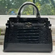 MICHAEL KORS REED LARGE BELT SATCHEL BLACK CROC PATENT FAUX LEATHER SHOULDER BAG