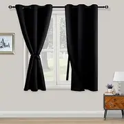 [XWZO] Blackout Curtains Window Drapes for Bedroom Living Room with Tieback and Gromment Thermal Insulated Energy Saving Room Darkening Noise Reduction, Set of 2 Pannels, W117cm x D137cm, Black.