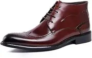 [Generic] Wingtip Brogue Boot for Men Work Boot Lace Up StyleGenuine Leather Carving Easy Care Block Heel Pointed Toe Retro Colors Men's Leather Shoes