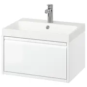 ÄNGSJÖN / BACKSJÖN wash-stnd w drawer/wash-basin/tap, high-gloss white, 60x48x39 cm