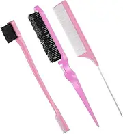 3 Pcs Slick Back Brush Bristle Hair Brush Teasing Comb Edge Hair Brush Double Sided Edges Brush Grooming Combs Sturdy Rat Tail Comb Back Combing Brushes for Women Kids Hair, Pink