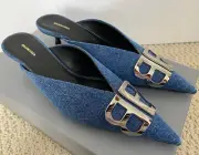 NIB Balenciaga BB Logo Knife Blue Denim Pointed Toe Mule Pumps Sz 36.5 6.5 $950