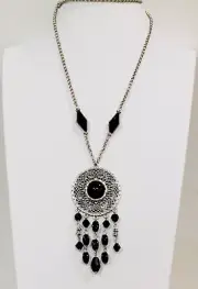Vintage Silver Filigree Black Lucite Dangle Pendant Necklace 28”