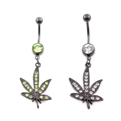 Belly Ring Pot leaf Black Anodized Dangle Design with Cubic Zirconia Jewels