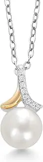 [Gem Stone King] 10K Yellow Gold and 925 Sterling Silver Cultured Freshwater Pearl and Lab Grown Diamond Pendant Necklace For Women (6.5MM Pearl and 18 Inch Chain), Yellow Gold and Sterling Silver Lab